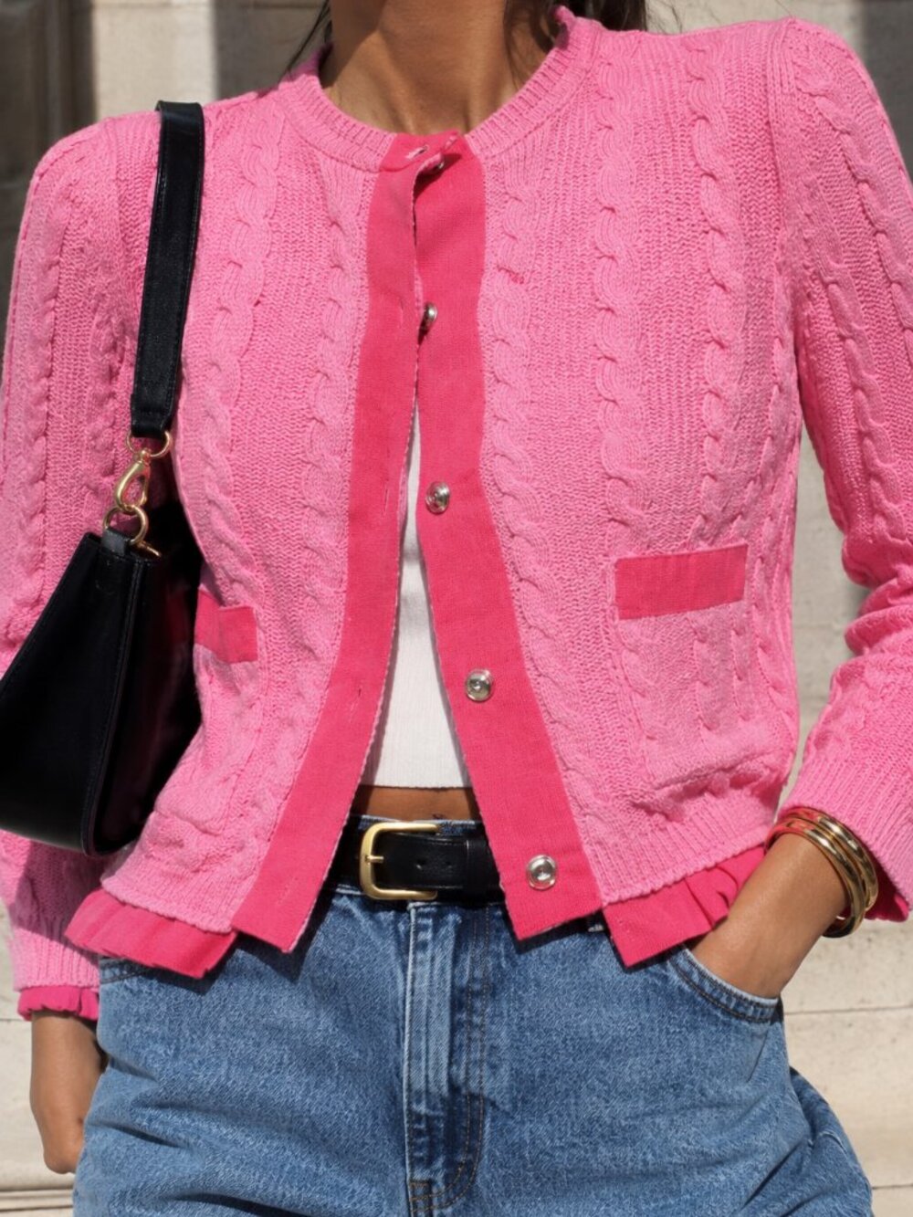 ZARA Pink Contrast Cable Knit Cardigan Sweater NWT Small